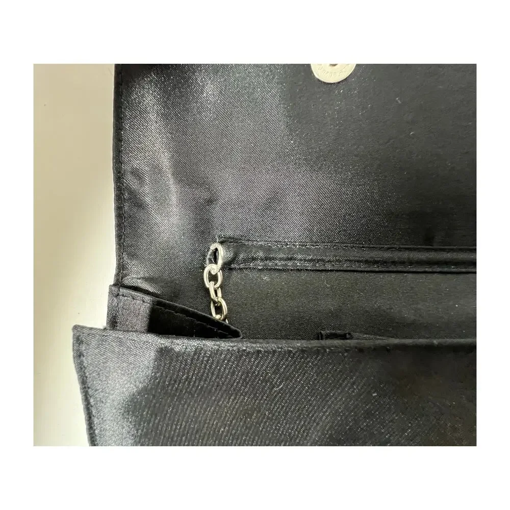 Aldo Formal Satin Clutch Shoulder Bag Black Pleated with Silver Chain